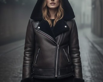 Handmade Distressed Sheepskin Leather Shearling Coat, Fur Hooded Winter Motorbike Jacket