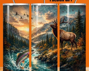 Elk Fishing Tumbler Wrap PNG, Trout River Mountain 20oz Skinny Tumbler Sublimation, Rustic Wildlife Outdoors Straight Design PNG