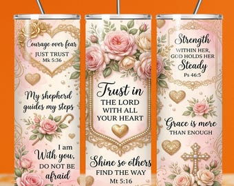 Diseño de rosas cristianas para vaso de 20 oz, imagen PNG con sublimación de la fe, acuarela rosa, detalles dorados y citas bíblicas. Descarga instantánea.