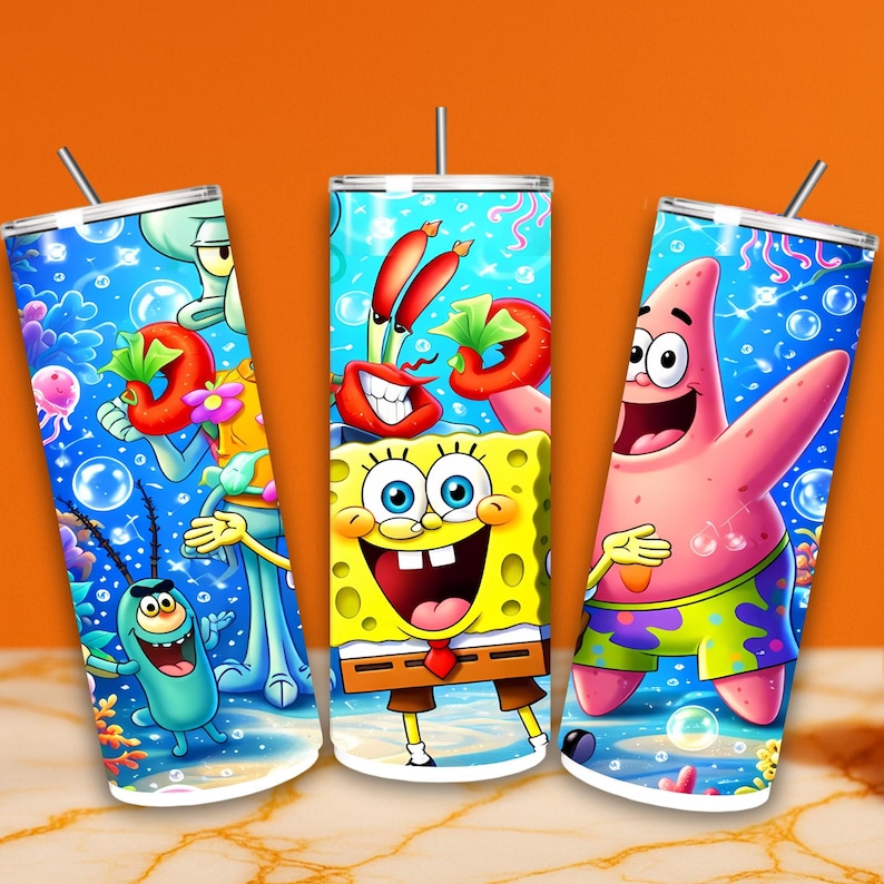 May include: Three stainless steel tumblers featuring colorful cartoon characters from the animated series, SpongeBob SquarePants. The characters include SpongeBob, Patrick Star, Squidward, Mr. Krabs, and Plankton, set against a vibrant underwater background.