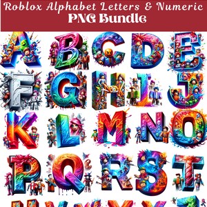 Puede incluir: Un vibrante paquete PNG con las letras del alfabeto y n&uacute;meros, cada uno adornado con personajes tem&aacute;ticos de Roblox. Las letras y los n&uacute;meros est&aacute;n en un estilo 3D, con una variedad de colores y texturas. El texto "Roblox Alphabet Letters & Numeric PNG Bundle" est&aacute; en la parte superior.
