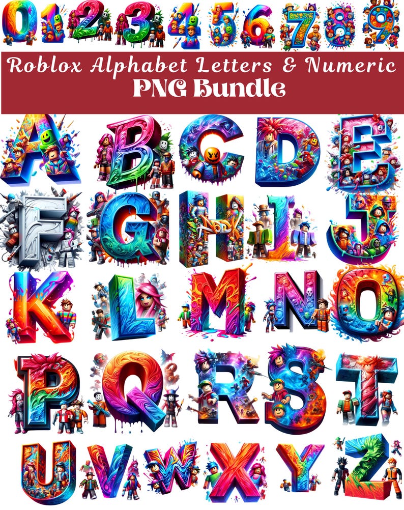 Puede incluir: Un vibrante paquete PNG con las letras del alfabeto y n&uacute;meros, cada uno adornado con personajes tem&aacute;ticos de Roblox. Las letras y los n&uacute;meros est&aacute;n en un estilo 3D, con una variedad de colores y texturas. El texto "Roblox Alphabet Letters & Numeric PNG Bundle" est&aacute; en la parte superior.