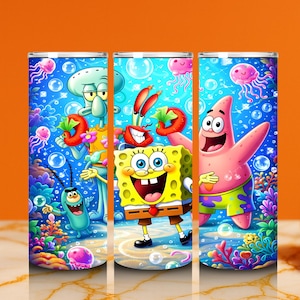 May include: Three stainless steel tumblers featuring vibrant cartoon characters from the SpongeBob SquarePants series. The designs include SpongeBob, Patrick Star, Squidward, Mr. Krabs, and Plankton, set against a colorful underwater background with bubbles and jellyfish.