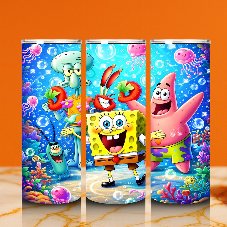 May include: Three stainless steel tumblers featuring vibrant cartoon characters from the SpongeBob SquarePants series. The designs include SpongeBob, Patrick Star, Squidward, Mr. Krabs, and Plankton, set against a colorful underwater background with bubbles and jellyfish.