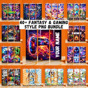 以下が含まれることがあります： さまざまなゲームとファンタジーをテーマにしたタンブラーのコレクション。デザインには、Roblox、Minecraft、Fortniteなどの人気ゲームのキャラクターやロゴ、コントローラーやゲームをテーマにしたグラフィックが含まれています。「40+ FANTASY & GAMING STYLE PNG BUNDLE」というテキストが表示されています。