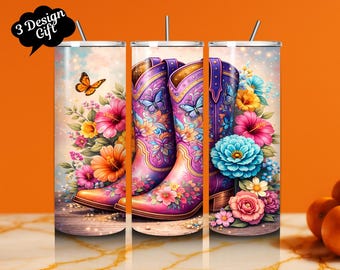 Envoltura para vaso con botas vaqueras rosas y rosas: Diseño de sublimación de botas vaqueras vaqueras de 20 oz (descarga digital)