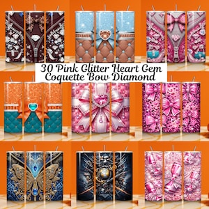 May include: A collection of 30 oz. stainless steel tumblers with various designs. The tumblers feature glitter, bows, gems, and diamond patterns in colors like pink, blue, brown, and teal. Some designs include zippers, hearts, and leopard print.