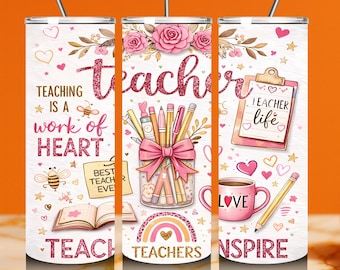 Teacher Life Tumbler Wrap: Coquette Pink Bow, Sublimation PNG (20oz Skinny Tumbler Design)