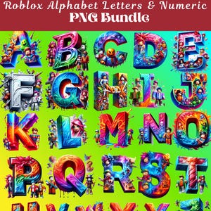 Puede incluir: Una vibrante obra de arte digital que muestra el alfabeto y los n&uacute;meros, cada letra y n&uacute;mero est&aacute; intrincadamente dise&ntilde;ado con una apariencia colorida y texturizada. La imagen incluye el texto "Roblox Alphabet Letters & Numeric PNG Bundle".