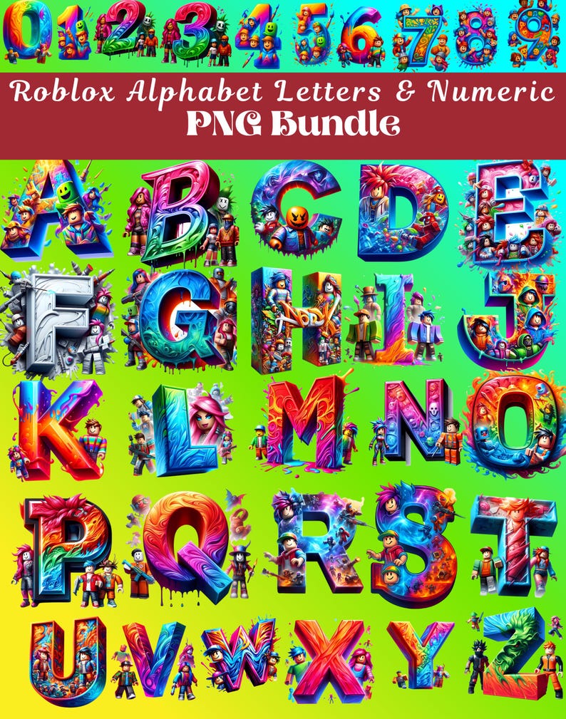 Puede incluir: Una vibrante obra de arte digital que muestra el alfabeto y los n&uacute;meros, cada letra y n&uacute;mero est&aacute; intrincadamente dise&ntilde;ado con una apariencia colorida y texturizada. La imagen incluye el texto "Roblox Alphabet Letters & Numeric PNG Bundle".