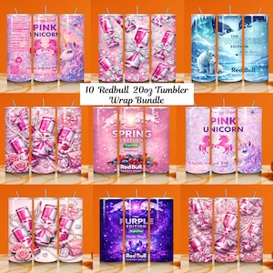Op de afbeelding: Een bundel van tien 20oz Red Bull-bekers met diverse ontwerpen. De ontwerpen omvatten roze eenhoorns, strikken, diamanten, bloempatronen en wintertaferelen. De tekst "10 Redbull 20oz Tumbler Wrap Bundle" is zichtbaar.