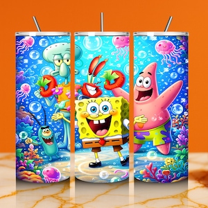 May include: Three stainless steel tumblers with colorful cartoon characters from the animated series, SpongeBob SquarePants. The designs feature SpongeBob, Patrick Star, Squidward, and other characters in an underwater scene with bubbles and jellyfish.