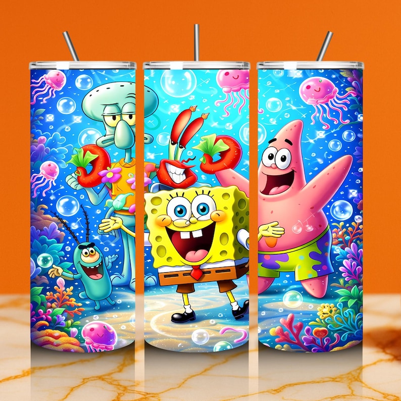 May include: Three stainless steel tumblers with colorful cartoon characters from the animated series, SpongeBob SquarePants. The designs feature SpongeBob, Patrick Star, Squidward, and other characters in an underwater scene with bubbles and jellyfish.