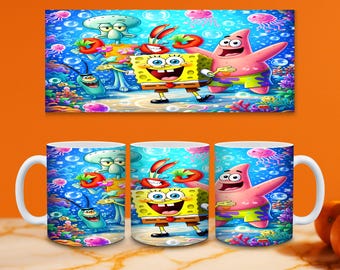 Divertida envoltura amarilla para vaso de 11 oz, delgada / Tema del océano, personaje sonriente / Envoltura para vaso infantil de dibujos animados PNG / Descarga digital por sublimación