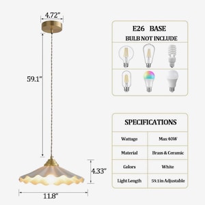 May include: White ceramic and brass pendant light fixture. The light fixture is 11.8 inches in diameter and 59.1 inches in length, with a maximum wattage of 40W. The light fixture has a white scalloped shade and an E26 base.