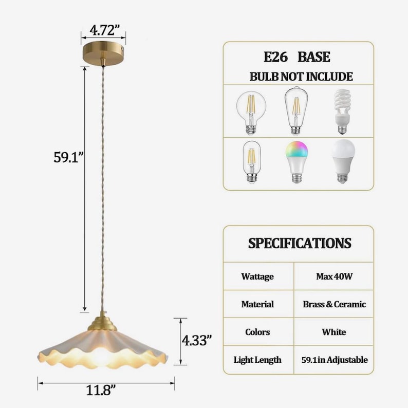 May include: White ceramic and brass pendant light fixture. The light fixture is 11.8 inches in diameter and 59.1 inches in length, with a maximum wattage of 40W. The light fixture has a white scalloped shade and an E26 base.