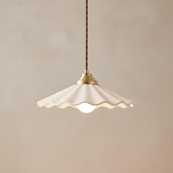 Vintage White Ceramic Pendant Light, Pleated Porcelain Hanging Lamp for Kitchen Island Dining Hallway