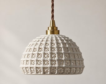 White Ceramic Pendant Light, Lattice Dome Shade with Brass Top and Brown Cord, Small Scandinavian Bedside Hanging Lamp