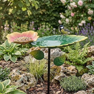 Metal Bird Bath and Bird Feeder 2-in-1, 28 Inch Tall Outdoor Garden Decor, Removable Leaf Design Bowl, Weather Resistant Wild Bird Station