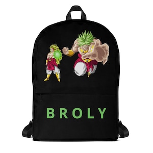 Könnte beinhalten: Schwarzer Rucksack mit einer Grafik von Broly aus Dragon Ball Z. Das Design zeigt zwei Bilder von Broly in Aktion, mit grünen Energieeffekten. Das Wort "BROLY" ist unten in grünen Buchstaben aufgedruckt.