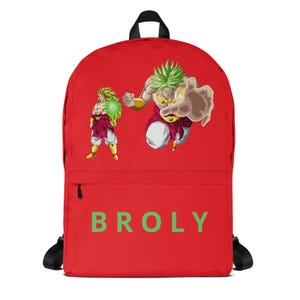 May include: Red backpack featuring two illustrations of Broly, a character from Dragon Ball Z, with green hair and a green energy ball. The word "BROLY" is printed in green block letters on the front. The backpack has black straps and a black top handle.