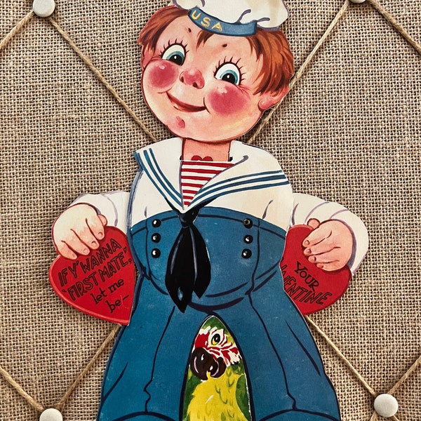 If Y' Wanna, 'First Mate' ... Large Mechanical Sailor Valentine with Parrot (Vintage Valentine)