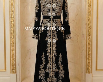 Luxury Velvet Hand Beaded Moroccan Gown: Dubai Moroccan Abaya, Party Wedding Dress