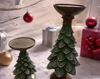 Christmas Tree Candle Holder Set – Green Polyester Holiday Decor