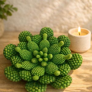 Peut inclure: Une bougie verte en forme de plante succulente avec une surface texturée et bosselée rappelant de petites perles. La bougie présente une structure en couches en forme de rosette avec des pétales arrondis rayonnant depuis le centre.