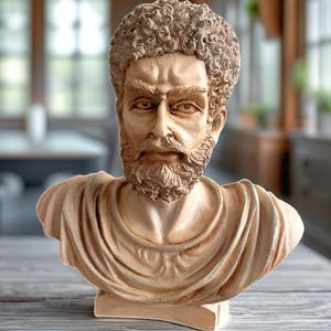 Puede incluir: Busto escultórico detallado de un hombre con cabello rizado y barba. La escultura está en una paleta de colores neutros, con un enfoque en los rasgos faciales y la ropa drapeada. El busto se exhibe sobre una superficie de madera.