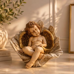 Puede incluir: Una figura decorativa de un querubín con alas pintadas en dorado, descansando dentro de una cuna texturizada en forma de concha. El querubín tiene un tono de piel claro, ojos cerrados y una expresión pacífica, con un acabado desgastado.