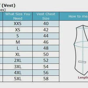 May include: A vest size chart with measurements in inches. The chart includes chest size, vest chest size, and size needed, ranging from XXS to 5XL. A diagram illustrates how to measure for a vest.