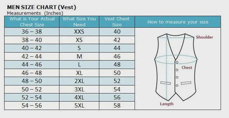 May include: A vest size chart with measurements in inches. The chart includes chest size, vest chest size, and size needed, ranging from XXS to 5XL. A diagram illustrates how to measure for a vest.