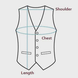 May include: Diagram of a vest with labeled measurements for shoulder, chest, and length. The vest outline is black, with dotted lines indicating measurement points. Text labels are in a dark red color.