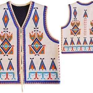 May include: A white vest with intricate geometric patterns in blue, orange, red, and yellow. The vest features a V-neck, a cream-colored trim, and a cream-colored tie closure. The back of the vest is also visible, showcasing the same design.