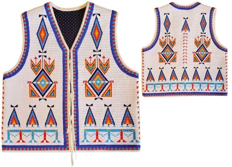 May include: A white vest with intricate geometric patterns in blue, orange, red, and yellow. The vest features a V-neck, a cream-colored trim, and a cream-colored tie closure. The back of the vest is also visible, showcasing the same design.
