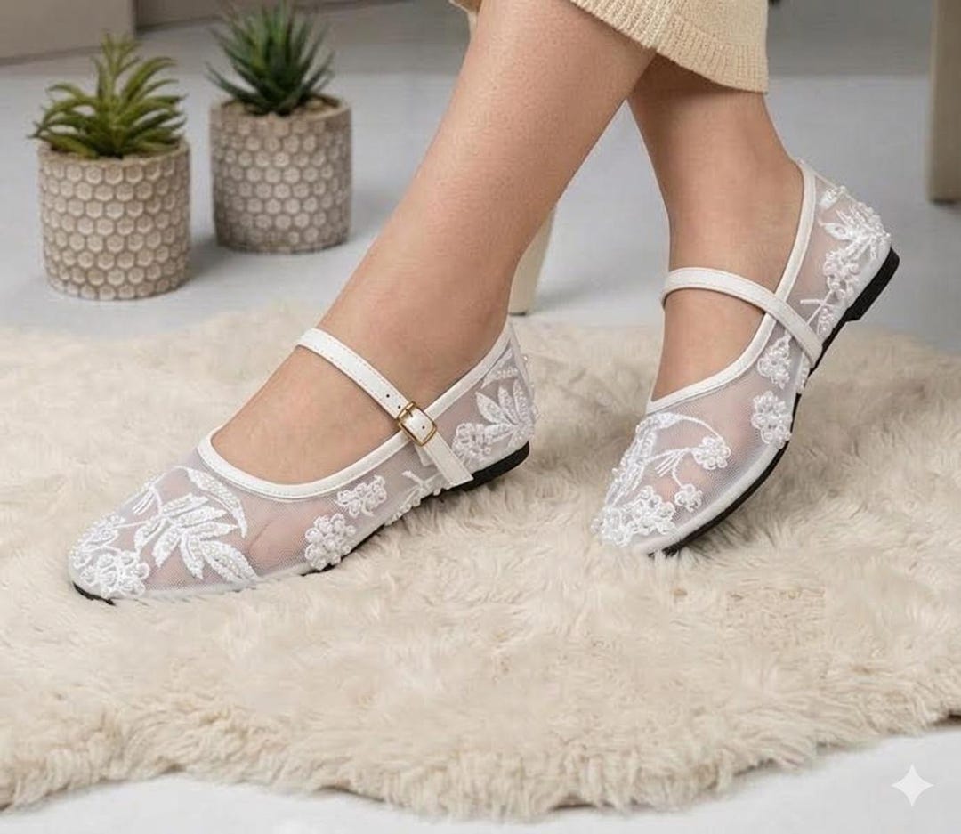 Pearl Embroidered Mesh Flats for Women | Mary Jane Strap Shoes ...