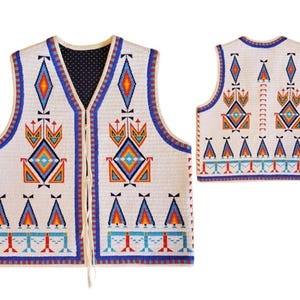 May include: A white vest with intricate geometric patterns in blue, orange, and turquoise. The vest features a V-neck and a detailed design on both the front and back, with a navy blue polka dot lining.