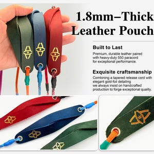 Puede incluir: Tres bolsas de cuero de 1,8 mm de grosor en verde, azul y rojo, cada una con un logotipo dorado y un ojal met&aacute;lico. Un paracord 550 multicolor pasa a trav&eacute;s del ojal de cada bolsa, asegurado por un extremo de cord&oacute;n c&oacute;nico.