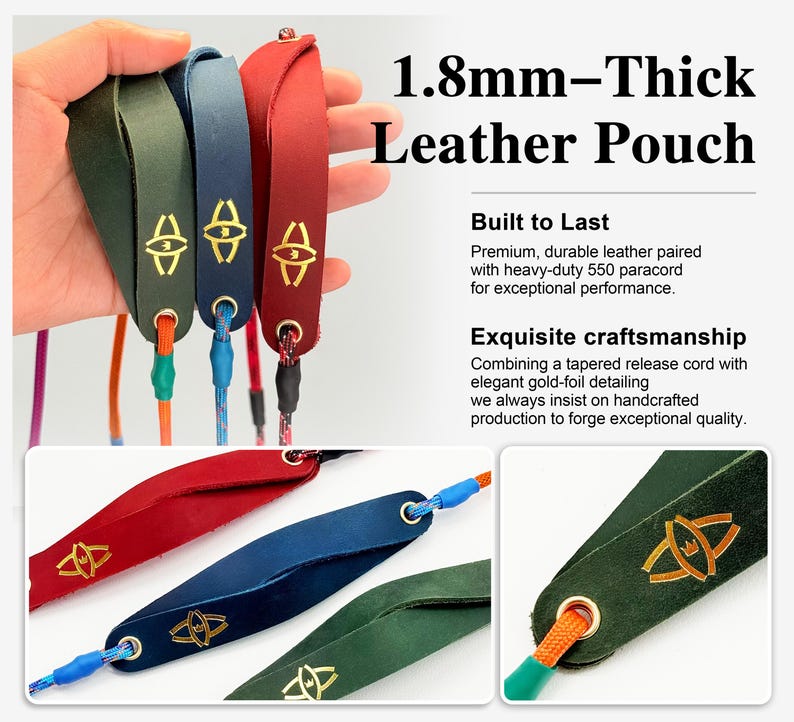 Puede incluir: Tres bolsas de cuero de 1,8 mm de grosor en verde, azul y rojo, cada una con un logotipo dorado y un ojal met&aacute;lico. Un paracord 550 multicolor pasa a trav&eacute;s del ojal de cada bolsa, asegurado por un extremo de cord&oacute;n c&oacute;nico.