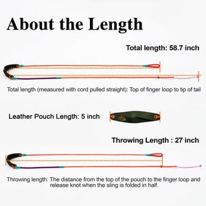 Puede incluir: Una honda con una bolsa de cuero negro y cordones naranjas. El texto incluye: About the Length, Total length: 58.7 inch, Leather Pouch Length: 5 inch, Throwing Length: 27 inch, y descripciones sobre c&oacute;mo se mide la longitud de la honda.