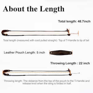 May include: A brown leather sling with black cords and a T-handle. Text indicates a total length of 48.7 inches, a leather pouch length of 5 inches, and a throwing length of 22 inches, measured from the pouch to the T-handle and release knot.