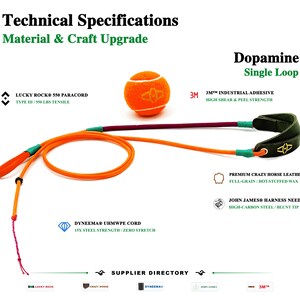 Puede incluir: Una correa Dopamine Single Loop con paracord naranja y granate, un asa de cuero verde oscuro y una pelota de tenis naranja. El texto incluye Technical Specifications, Material & Craft Upgrade, Lucky Rock 550 Paracord, 3M Industrial Adhesive, Dyneema UHMWPE Cord, Premium Crazy Horse Leather y John James Harness Needle.