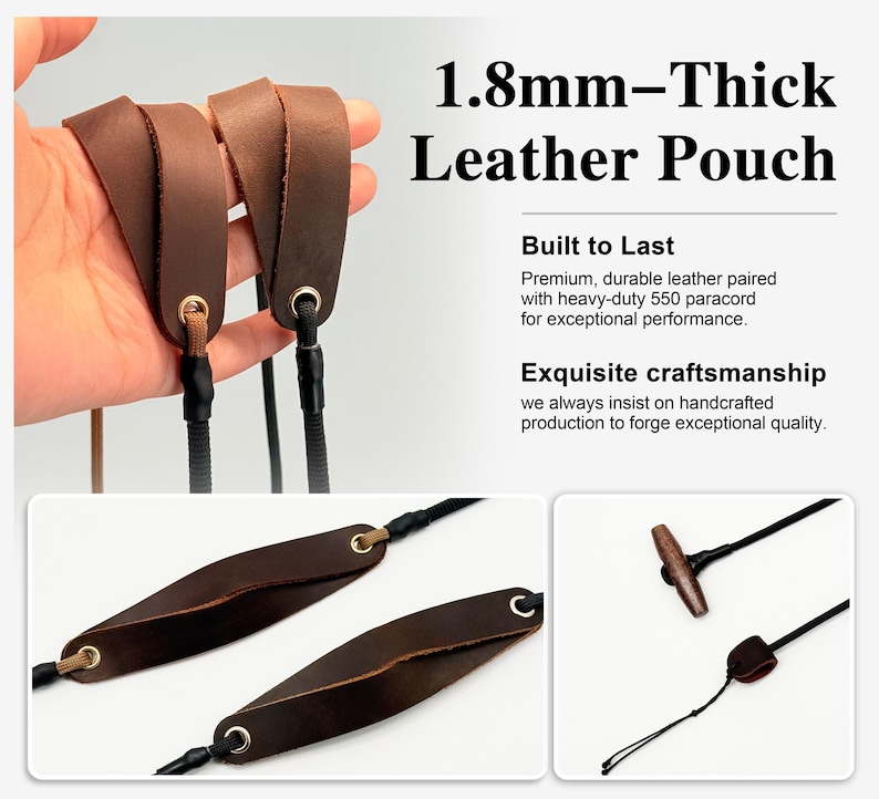 May include: A brown 1.8mm-thick leather pouch featuring metal eyelets and black 550 paracord attachments. The product includes a wooden toggle fastener and adjustable cord components, as shown in the detailed views with text overlays.