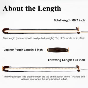 May include: A brown leather pouch sling with black cords and a T-handle. Text indicates a total length of 68.7 inches, a leather pouch length of 5 inches, and a throwing length of 32 inches, measured from the pouch to the handle and release knot.
