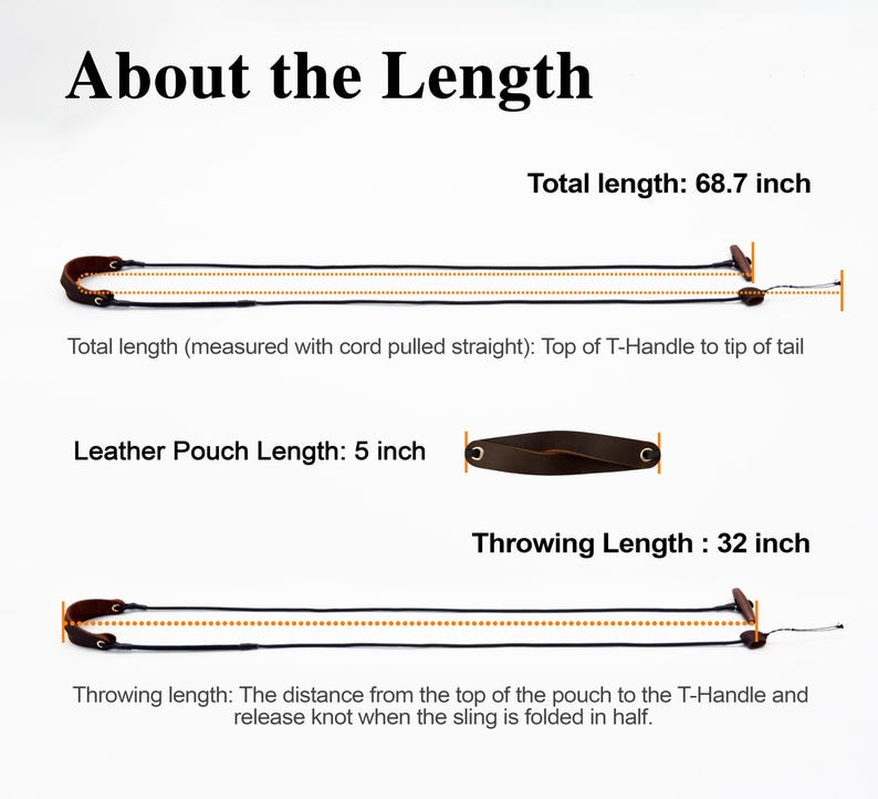 May include: A brown leather pouch sling with black cords and a T-handle. Text indicates a total length of 68.7 inches, a leather pouch length of 5 inches, and a throwing length of 32 inches, measured from the pouch to the handle and release knot.