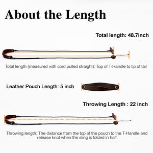 May include: A brown leather sling with black cords and a T-handle. Text indicates a total length of 48.7 inches, a leather pouch length of 5 inches, and a throwing length of 22 inches, measured from the pouch to the T-handle and release knot.