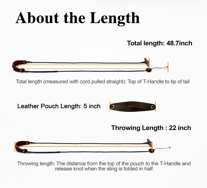 May include: A brown leather sling with black cords and a T-handle. Text indicates a total length of 48.7 inches, a leather pouch length of 5 inches, and a throwing length of 22 inches, measured from the pouch to the T-handle and release knot.