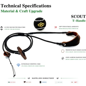 May include: A Scout T-Handle tool featuring a black Dyneema UHMWPE cord, a brown leather handle, and a black ball with a yellow logo. Text includes Technical Specifications, Material & Craft Upgrade, Lucky Rock 550 Paracord, 3M Industrial Adhesive, Premium Crazy Horse Leather, and John James Harness Needle.