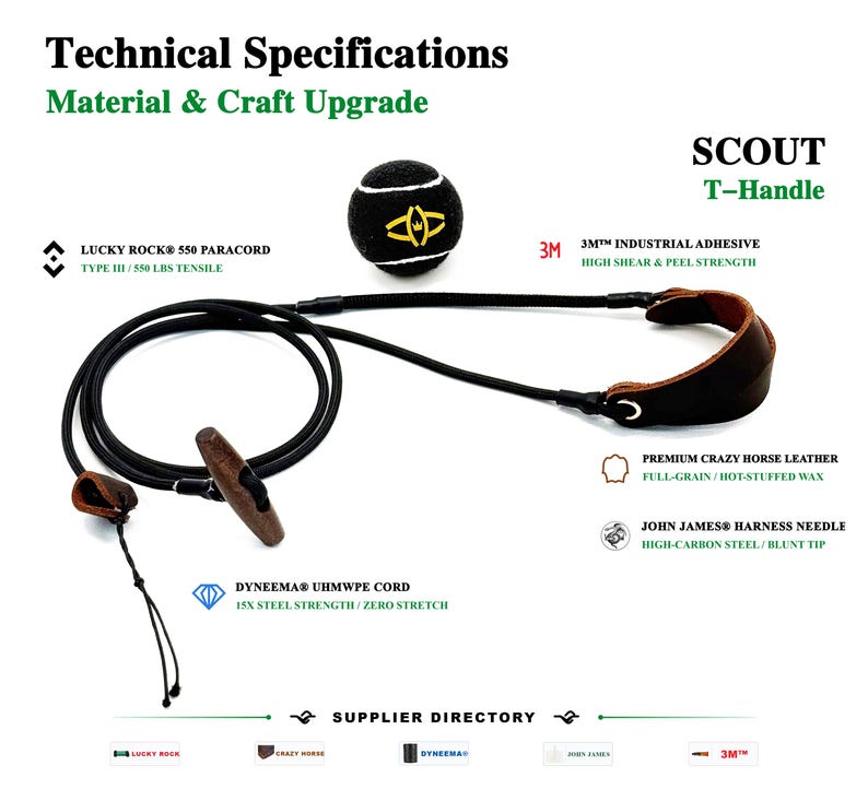 May include: A Scout T-Handle tool featuring a black Dyneema UHMWPE cord, a brown leather handle, and a black ball with a yellow logo. Text includes Technical Specifications, Material & Craft Upgrade, Lucky Rock 550 Paracord, 3M Industrial Adhesive, Premium Crazy Horse Leather, and John James Harness Needle.